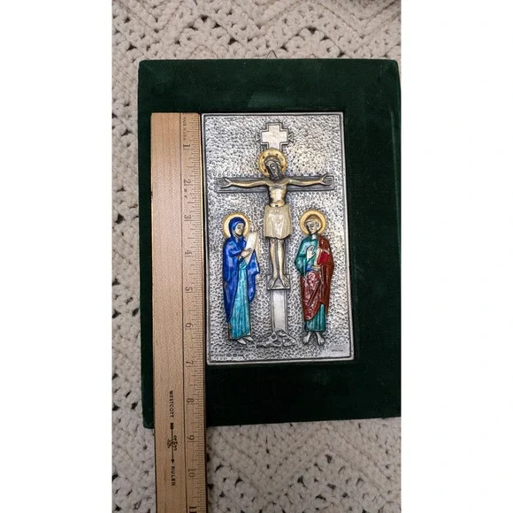 Ottaviani Italy 925 Sterling Silver Enamel Crucifixion Plaque Green Velvet Frame
